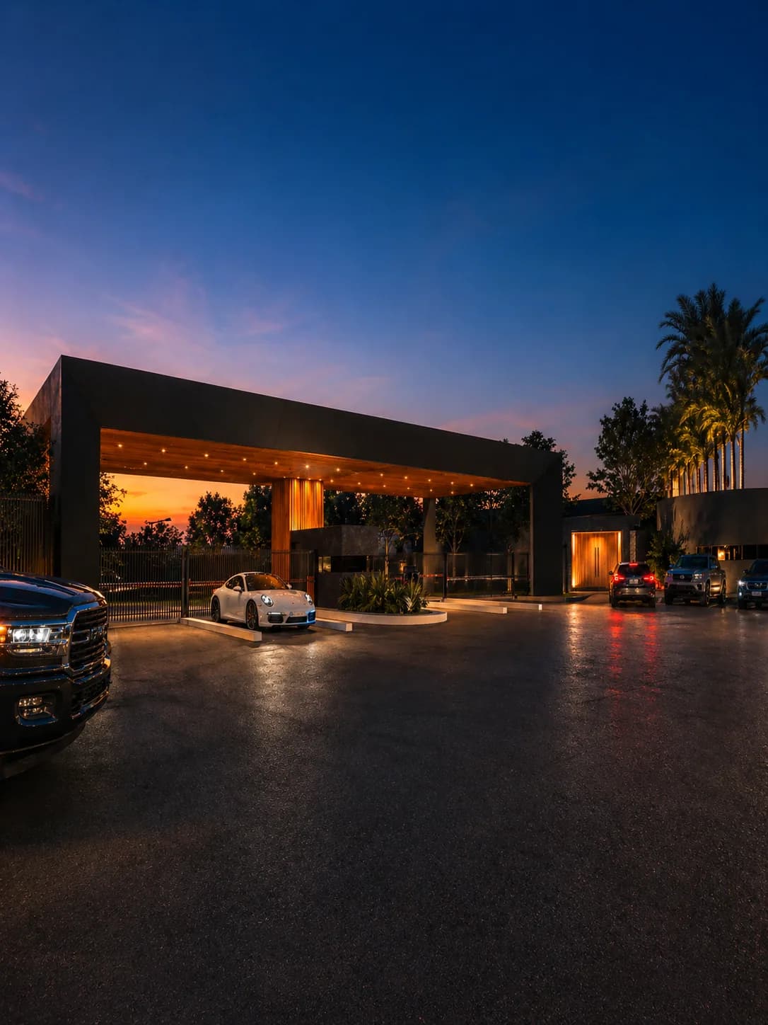 Fachada principal do Infinitus Residence iluminada ao crepúsculo