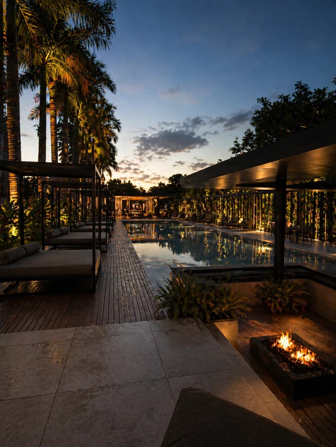 Piscina do Infinitus Residence ao crepúsculo com bangalôs, palmeiras e fire pit